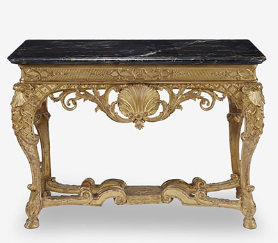 French Rgence giltwood table with nero antico marble top