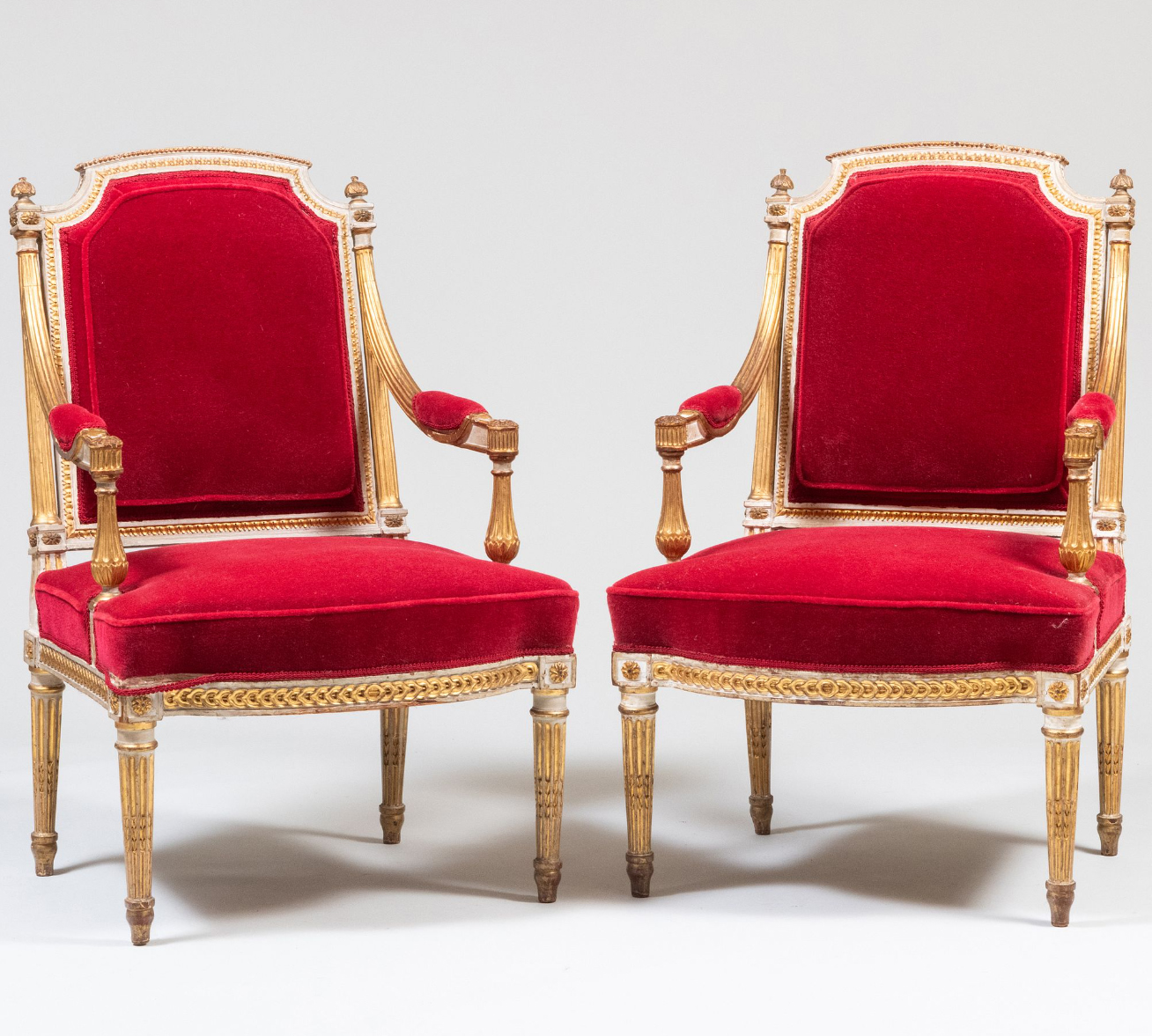 Pair of Louis XVI, Ormolu-Mounted, Carved, Painted and Parcel-Gilt, Velvet Upholstered Fauteuils  la Reine