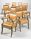 Set of ten Italian, neo-classical, cream painted and parcel gilt dining chairs
