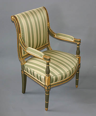 Pair of French, Jacob period, painted and parcel-gilded fauteuils stamped 'Jacob Freres Rue Meslee.' Circa 1800.