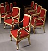 Set of twelve, fine, French Restauration, painted and parcel-gilded chairs