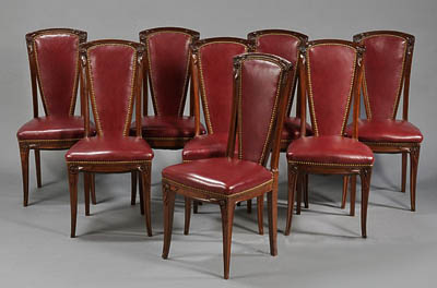 Set of Eight French, Art Nouveau period tall-back dining chairs